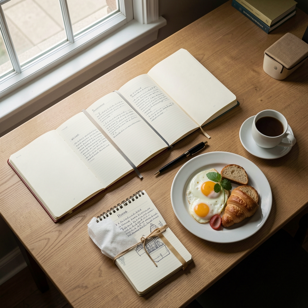 Editorial workspace with notebooks and a morning meal, natural window light, overhead view