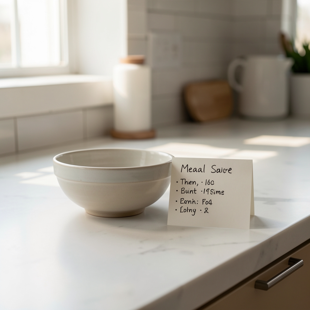 Kitchen counter at morning light, minimal composition with bowl and a handwritten note showing meal times