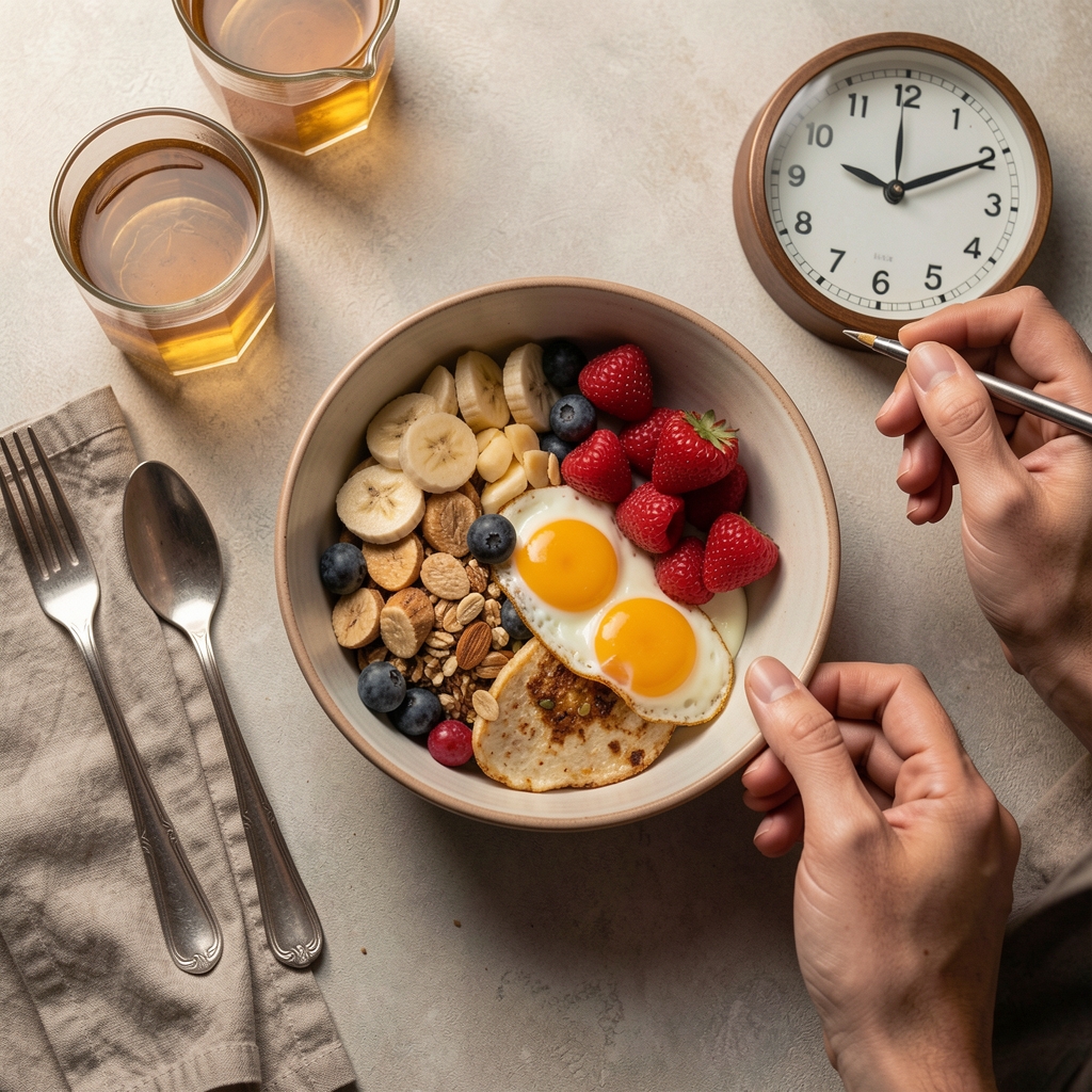 Breakfast bowl on a morning surface, person noting the time, editorial overhead composition