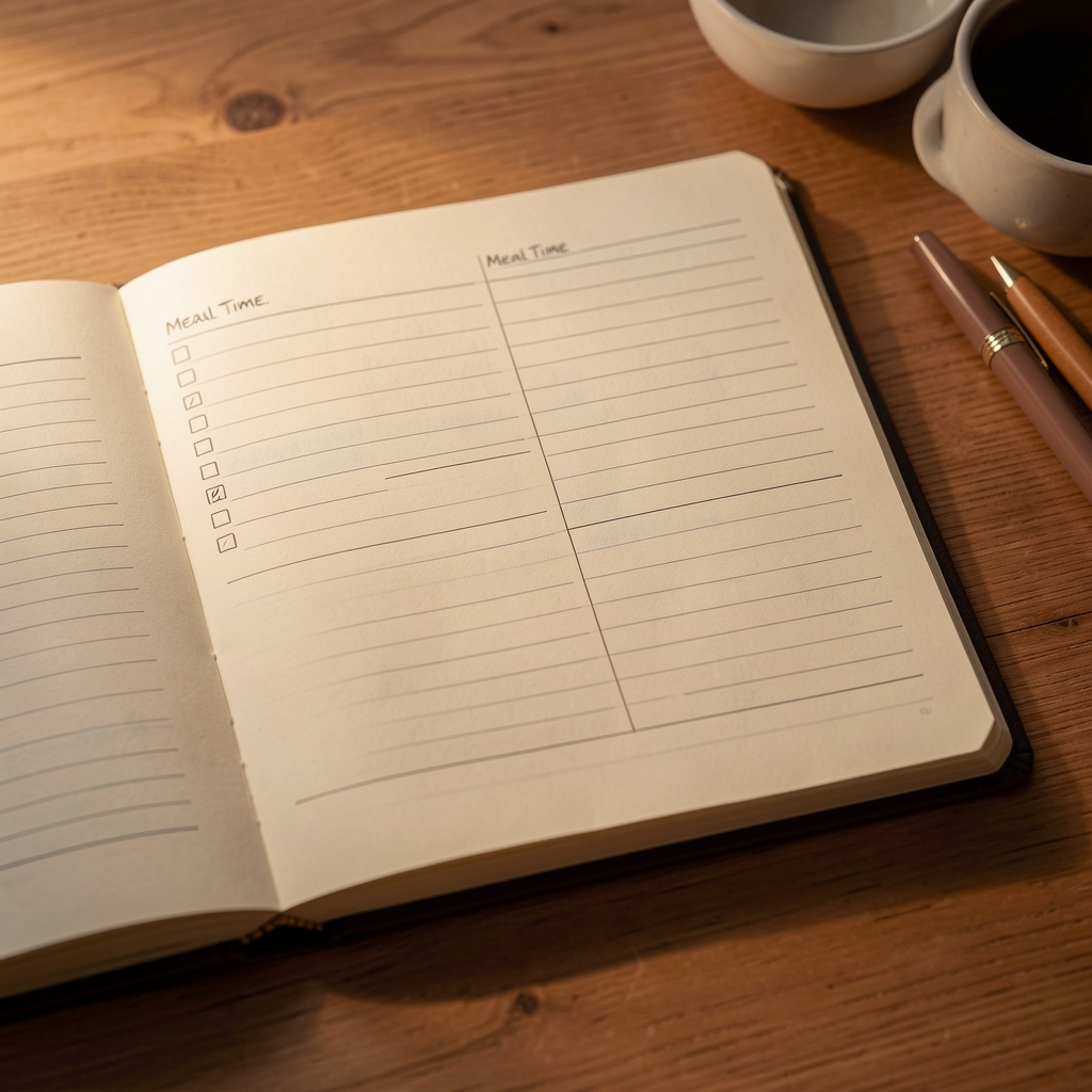 Notebook with meal time entries, natural surface, evening light