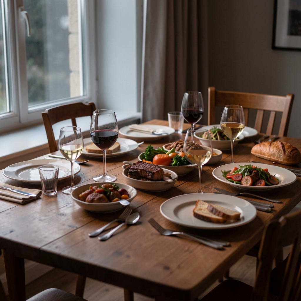 Evening meal laid out on a table near a window, low natural light, editorial still life composition