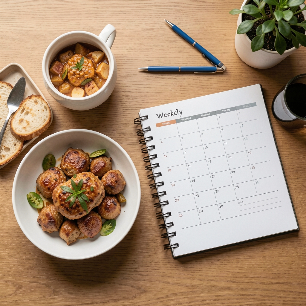 Food and a weekly planner on a desk, overhead editorial composition, natural light