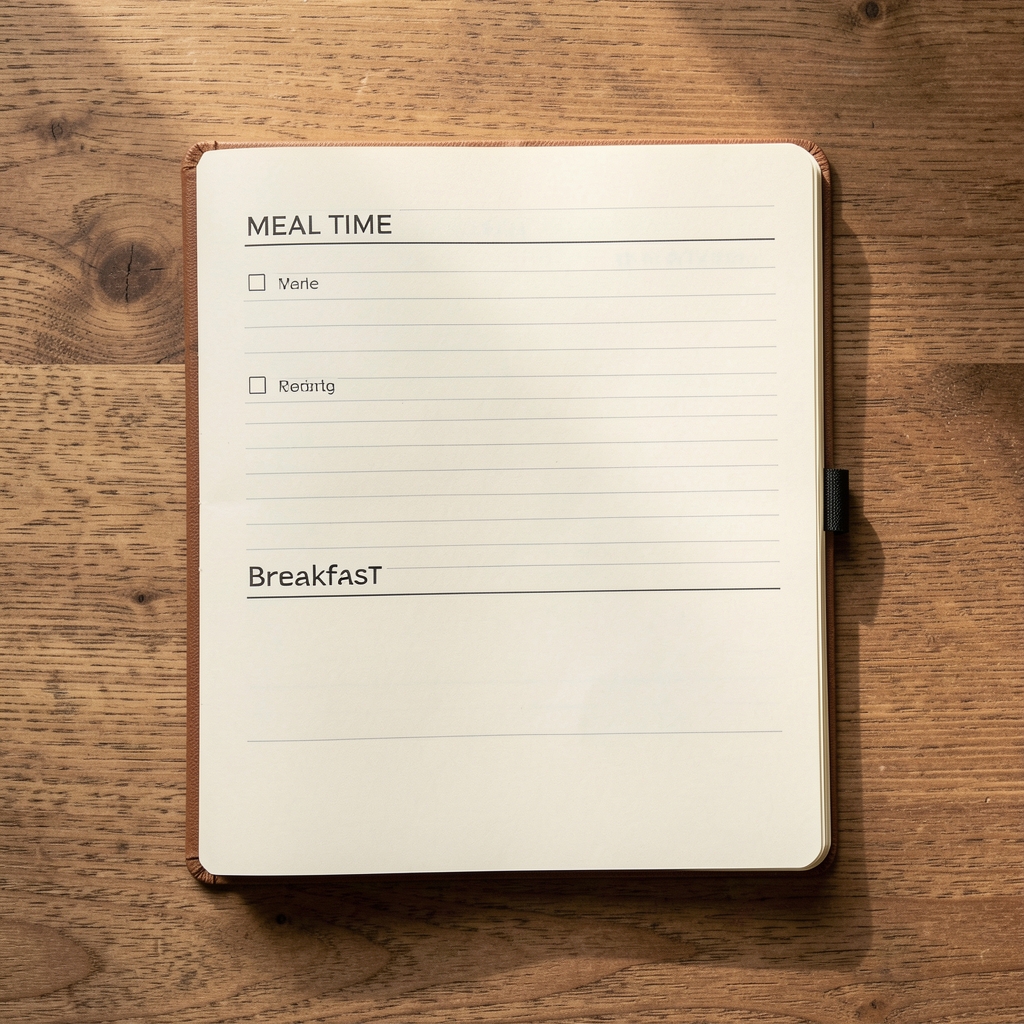 Notebook with meal time entries and a blank breakfast slot, natural surface daylight, overhead view