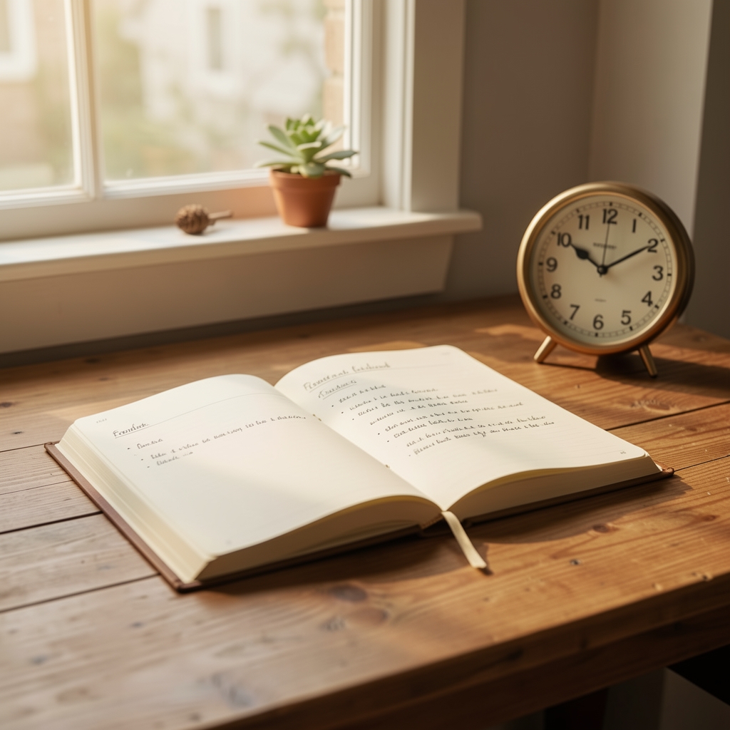 Food journal open on a wooden desk, morning light through window, clock visible alongside meal notes