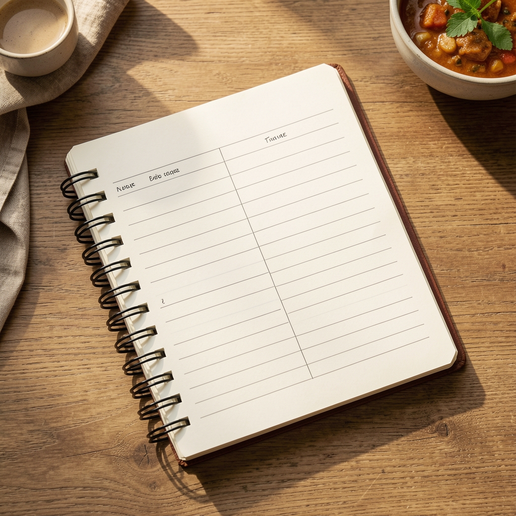 Notebook with meal time entries, natural surface, morning light, overhead editorial composition
